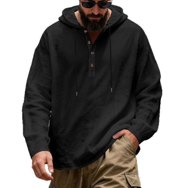 Herren nan Henley-Kapuzenpullover mit Knopfleiste und verstellbarem Kordelzug Drune