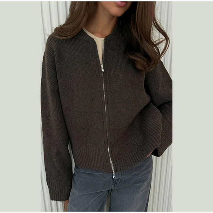 Damen lässige Strickjacke mit hohem Kragen und Reißverschluss Drune