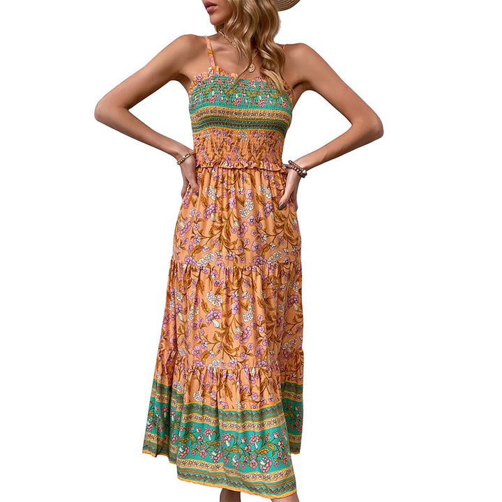 Damen Maxikleid mit elastischem Taillenzug und floralen Mustern Drune