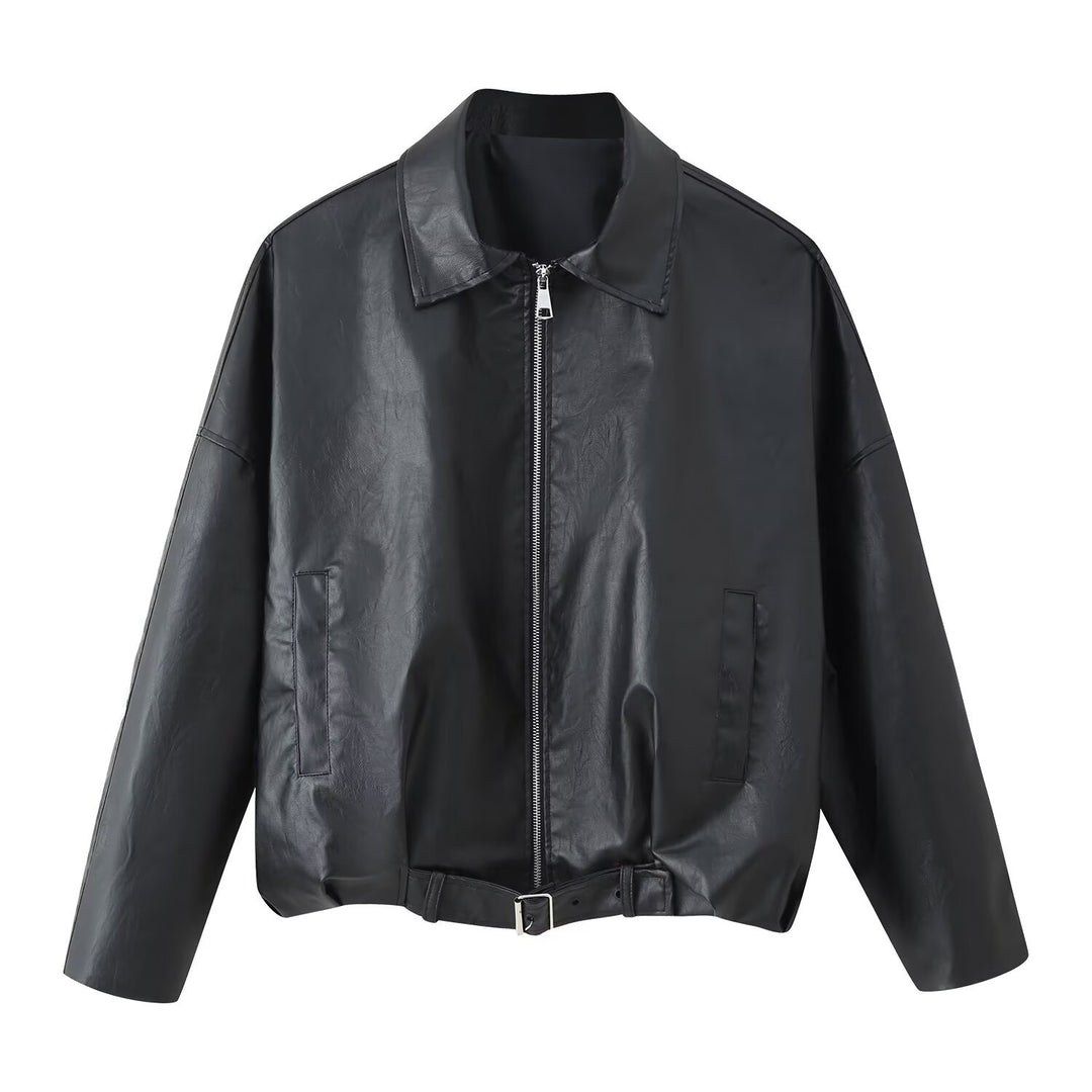 Damen Künstliche Lederjacke mit hohem Kragen und praktischen Taschen Drune