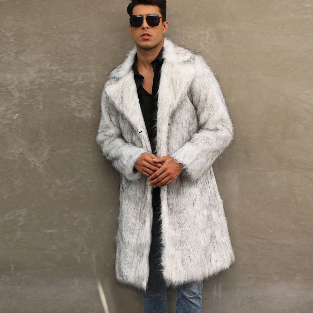 Herren Eleganter Kunstfellmantel mit tiefem Kragen Drune