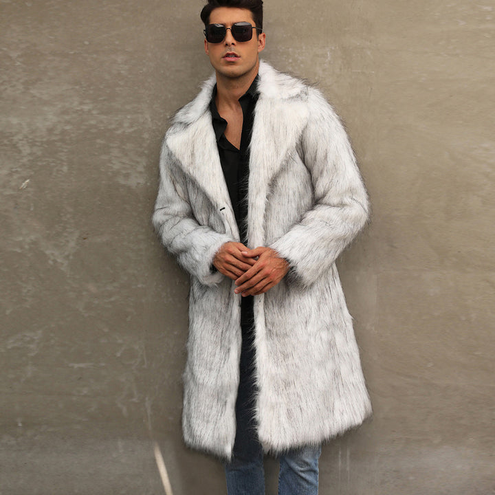 Herren Eleganter Kunstfellmantel mit tiefem Kragen Drune