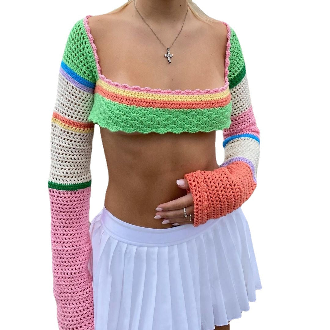 Damen gehäkeltes Crop-Top mit langem Arm und bunten Streifen Drune