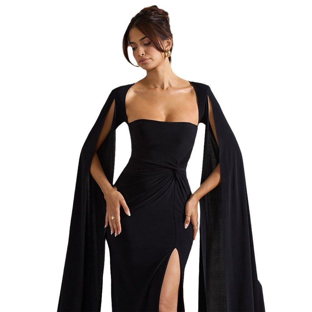 Damen Elegantes Maxikleid mit abnehmbarem Cape und seitlichem Schlitz Drune