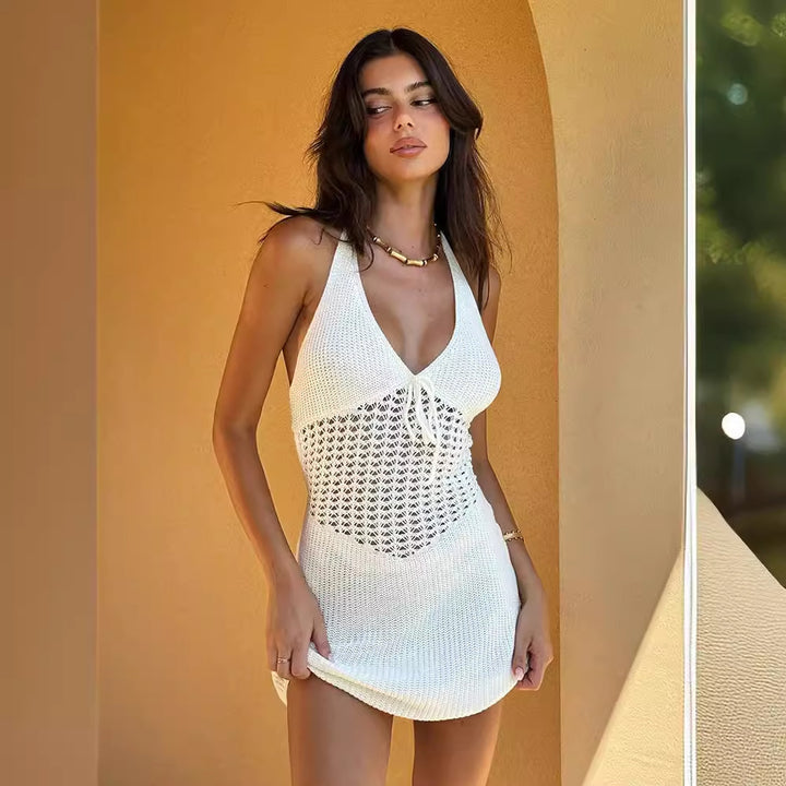 Damen lässiges Häkelkleid mit tiefem V-Ausschnitt Drune