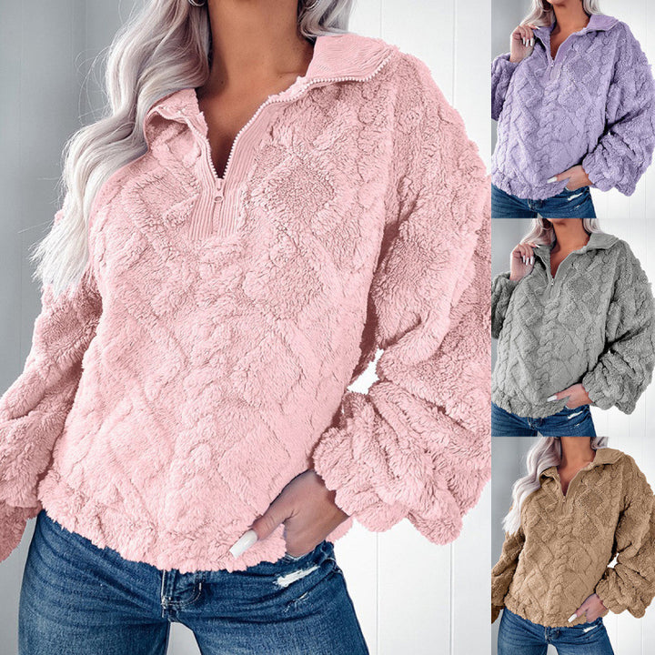 Damen Kuscheliger Fleece-Pullover mit hohem Kragen und Halb-Reißverschluss Drune