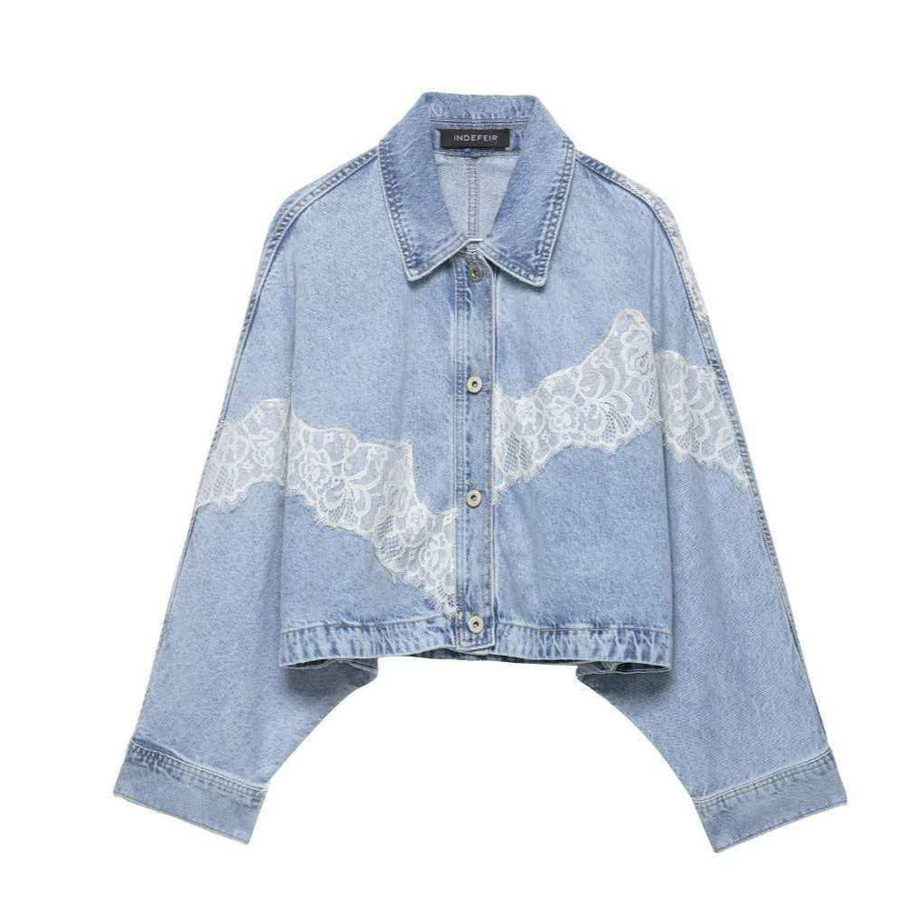Damen nan oversized Denimjacke mit Spitzenbesatz, kastigem Cropped-Schnitt und überschnittenen Ärmeln Drune