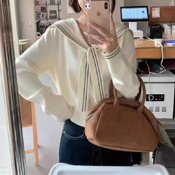 Damen stilvoller Pullover mit Schleifenkragen und feiner Strickstruktur Drune