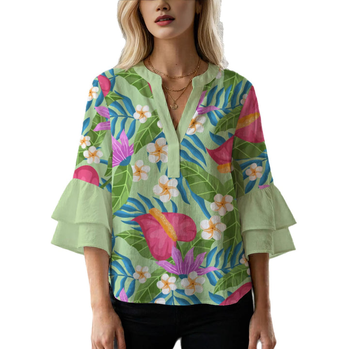 Damen elegantes Oberteil mit voluminösen Rüschensäumen und floralem Design Drune