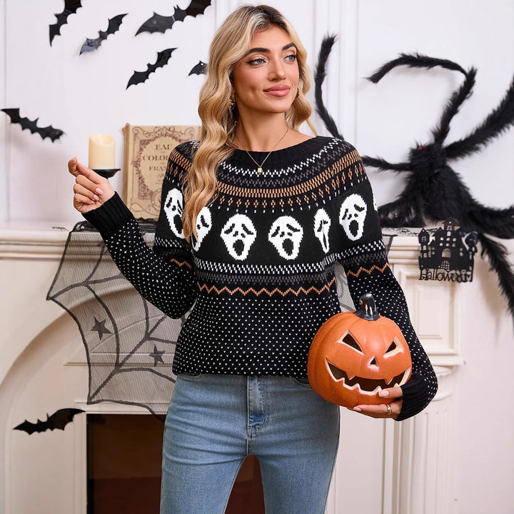 Damen Gemusterter Strickpullover mit Halloween-Motiv Drune