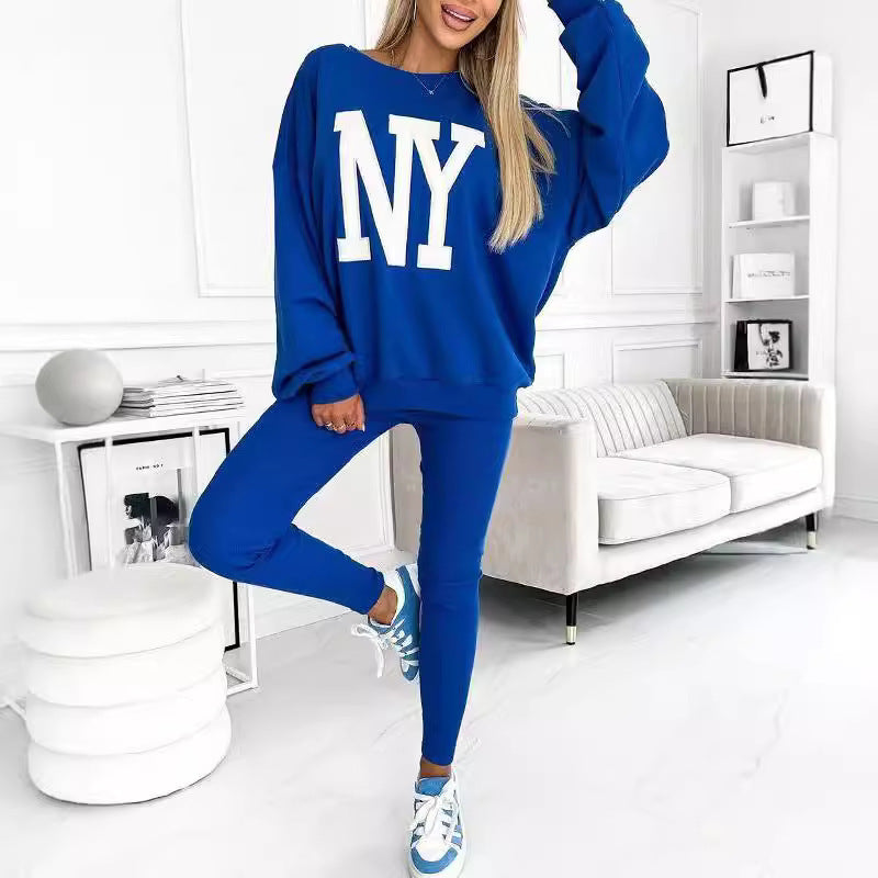 Damen lässiger Oversized-Pullover mit floralem Logo und passender Leggings Drune
