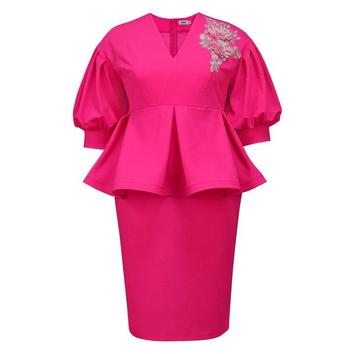 Damen elegantes A-Linien Kleid mit modischen Puffärmeln und floralem Akzent Drune