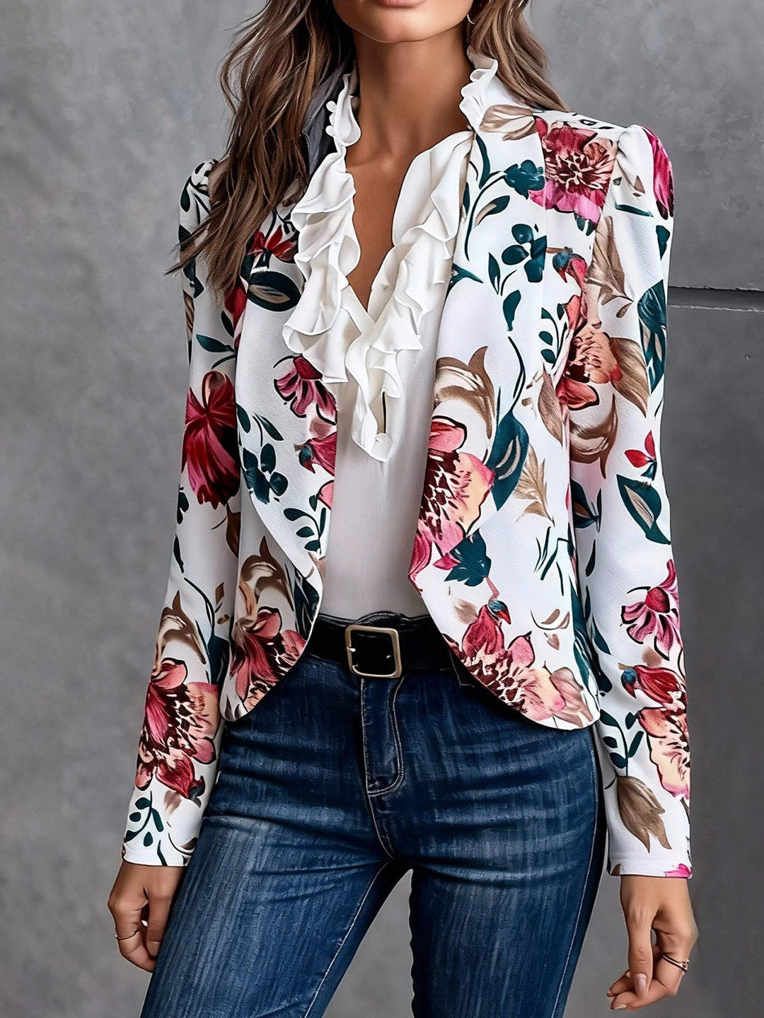 Damen Blazer mit floralem Design und Rüschendetails Drune