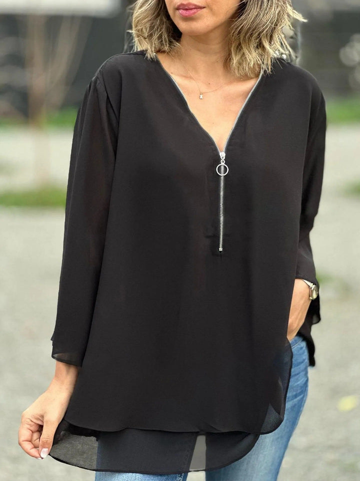 Drune | Chiffon Lockere Passform V-Ausschnitt mit Reißverschluss 3/4 Ärmel Geschichteter Saum