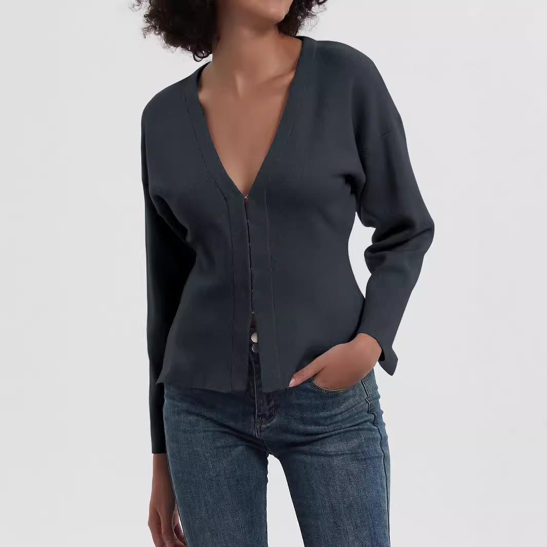 Damen elegante Strickjacke mit V-Ausschnitt und Knopfverschluss Drune