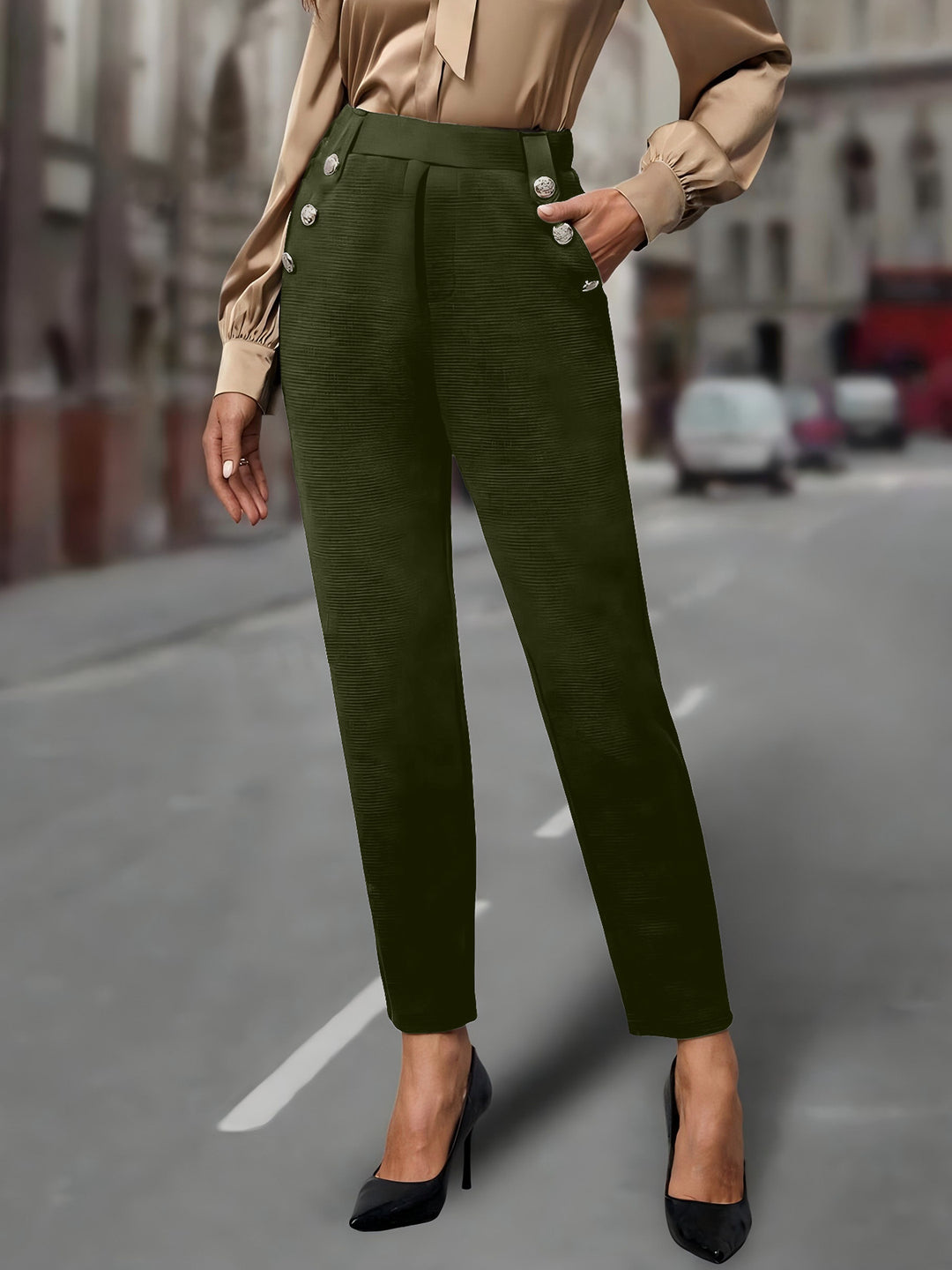 Damen elegante Anzughose mit doppeltem Knopfverschluss und schmalem Bein Drune