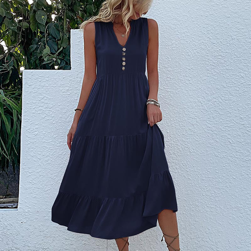 Damen luftiges Maxikleid mit Knopfdetails und Rüschensaum Drune