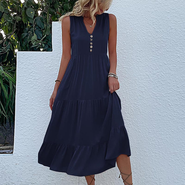 Damen luftiges Maxikleid mit Knopfdetails und Rüschensaum Drune