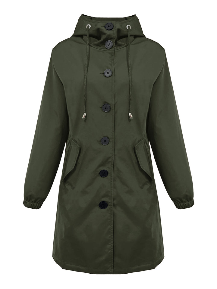 Damen nan leichter Regenparka mit Kapuze, überlanger Knopfleiste, Tunnelzug und aufgesetzten Taschen Drune