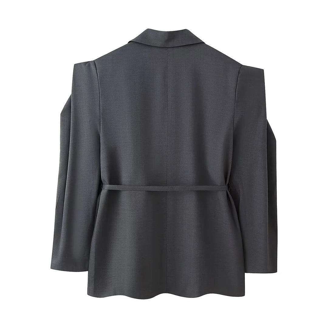 Damen elegante Oversized-Blazerjacke mit Gürtel und Schulterpolstern Drune