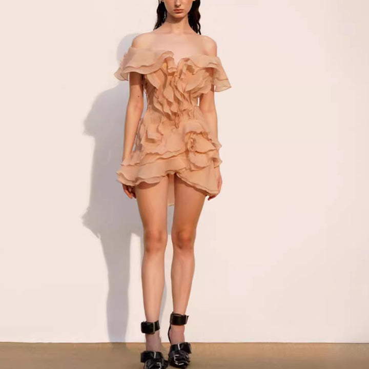 Damen Off-Shoulder Minikleid mit voluminösen Rüschen Drune