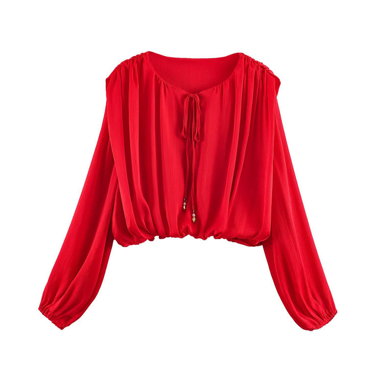 Damen nan luftige Boho Carmen-Bluse mit Kordelzug, weiten Ballonärmeln und elastischem Saum Drune