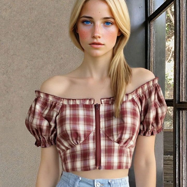 Damen Cropped Bluse mit Puffärmeln und Reißverschluss Drune