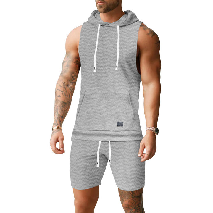 Herren nan ärmelloses Kapuzenweste-Set aus strukturiertem Baumwollmix mit Kängurutasche und Tunnelzug-Shorts Drune