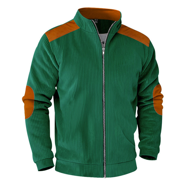 Herren nan gerippte Stehkragen-Sweatjacke mit durchgehendem Reißverschluss, Schulter- und Ellbogen-Patches Drune