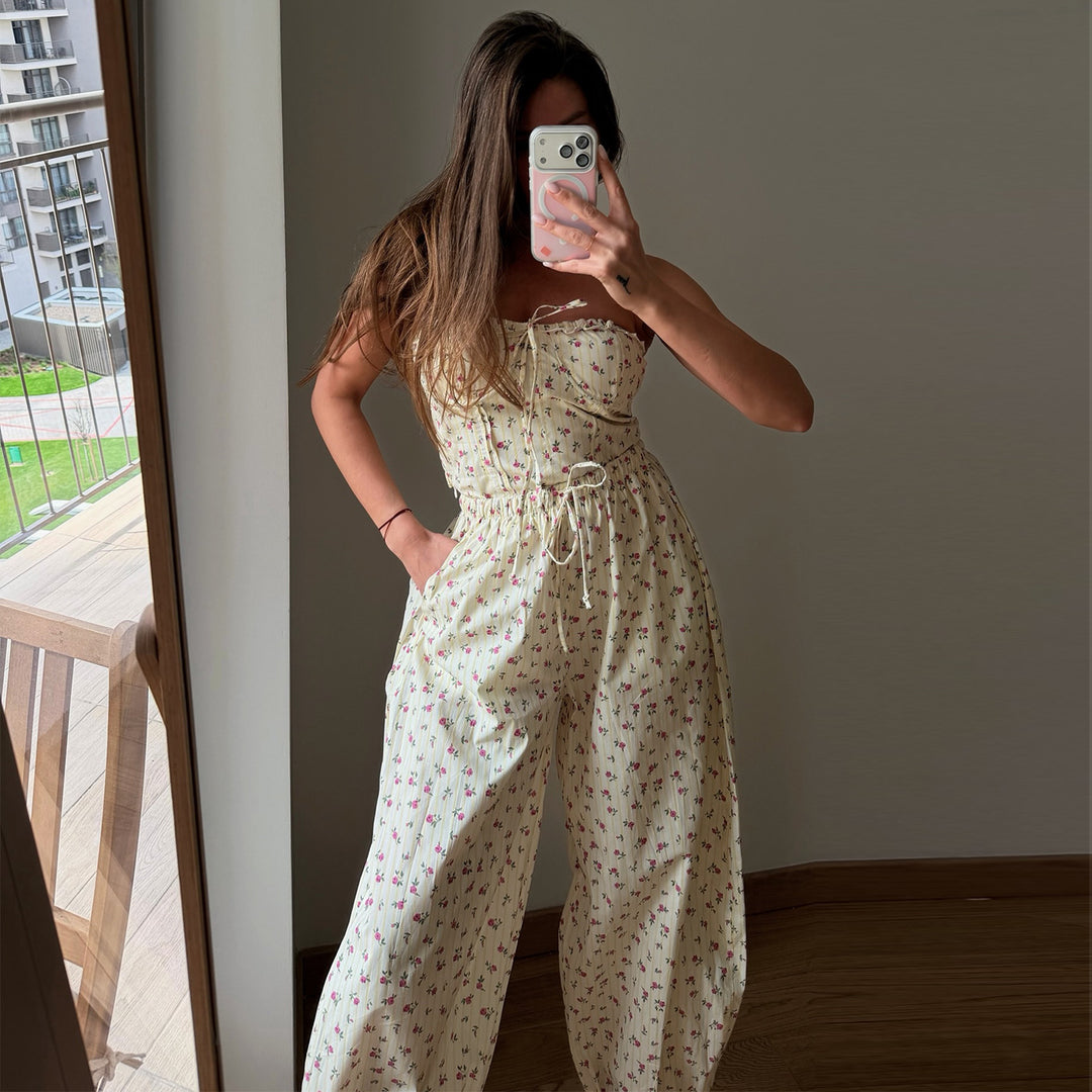 Damen Jumpsuit mit verspieltem Blumenmuster und elastischem Taillenzug Drune