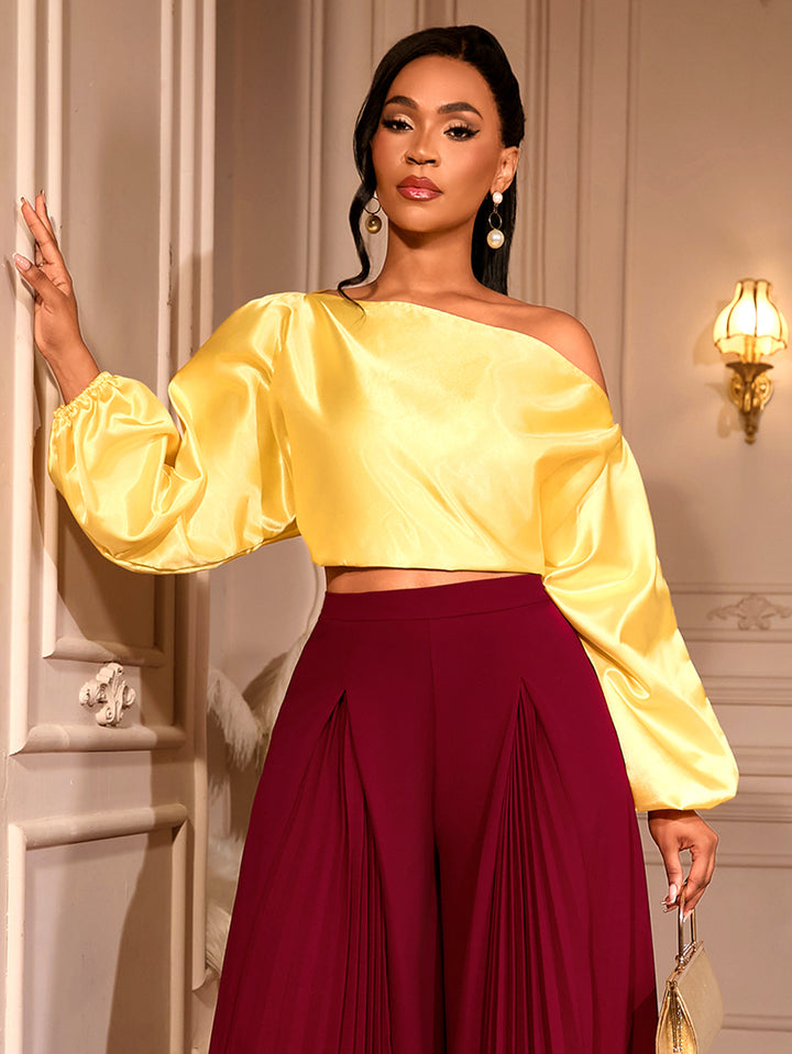 Damen elegantes asymmetrisches Oberteil mit voluminösen Puffärmeln Drune