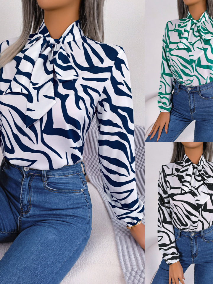 Damen Bluse mit modischem Zebra-Muster und elegantem Schleifenkragen Drune