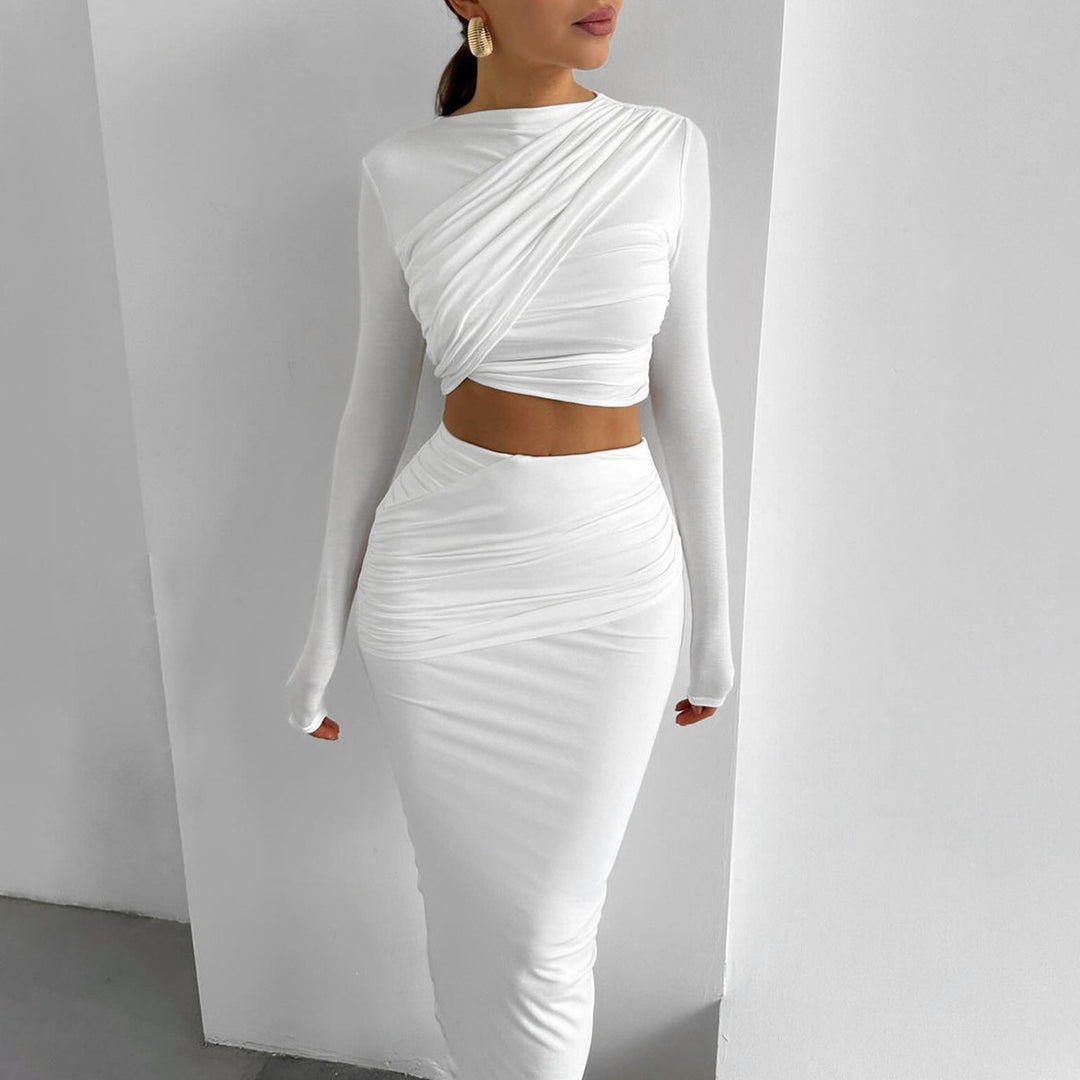 Damen Elegantes Wickeloberteil und Maxi-Rock Set mit langen Ärmeln und figurbetonter Silhouette Drune