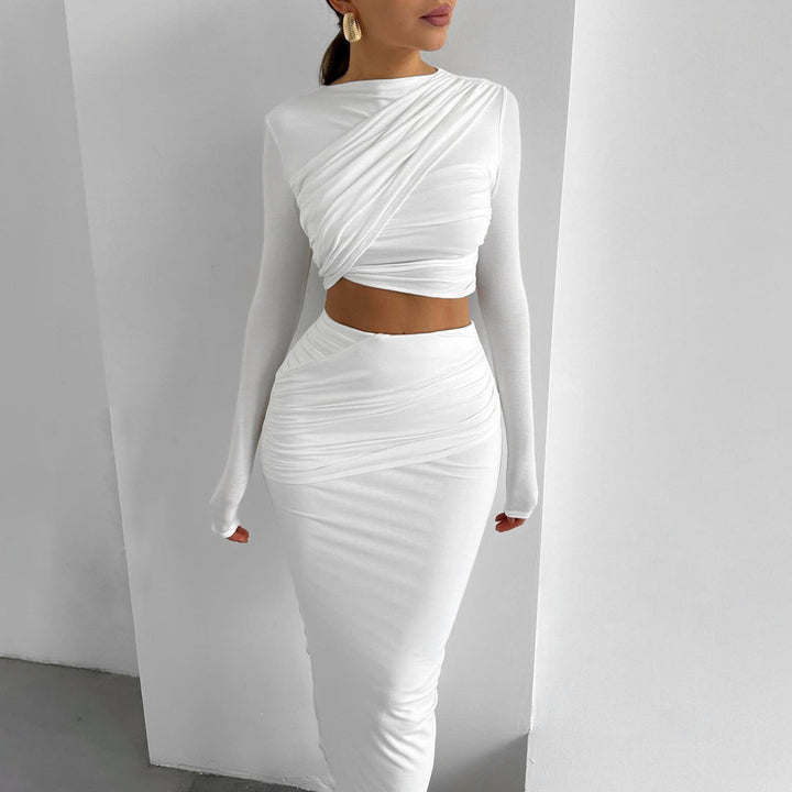 Damen Elegantes Wickeloberteil und Maxi-Rock Set mit langen Ärmeln und figurbetonter Silhouette Drune