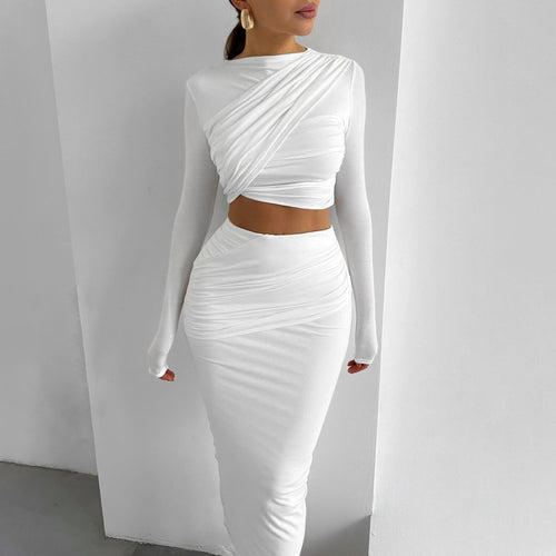 Damen Elegantes Wickeloberteil und Maxi-Rock Set mit langen Ärmeln und figurbetonter Silhouette Drune