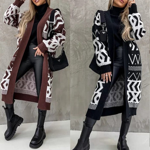 Damen Strickmantel mit geometrischem Muster und weitem Schnitt Drune