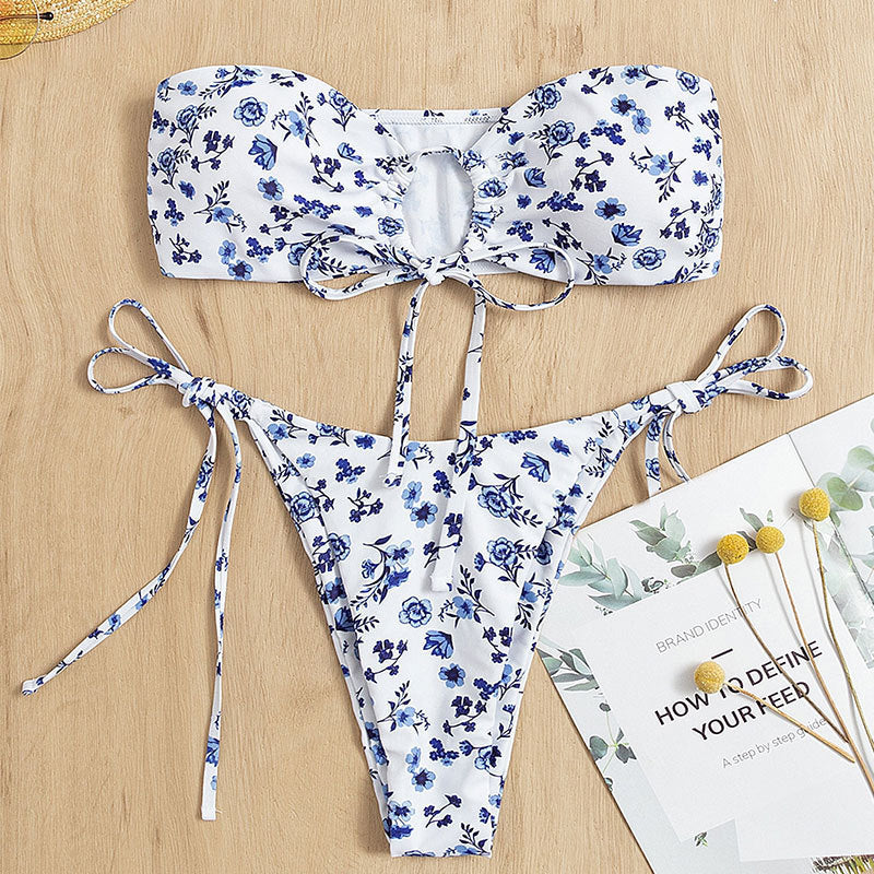 Damen Bandeau-Bikini mit floralen Details und verstellbaren Trägern Drune