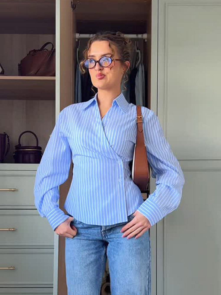 Damen elegante Wickelbluse mit einem modernen Streifenmuster Drune