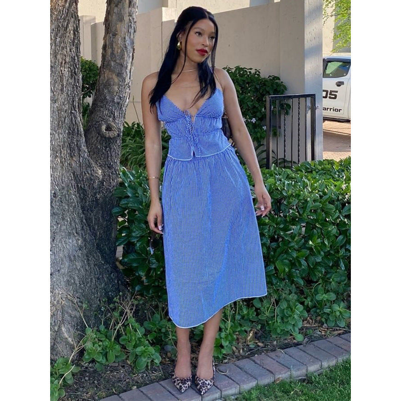 Damen Sommerliches Maxikleid mit V-Ausschnitt und Gingham-Muster Drune