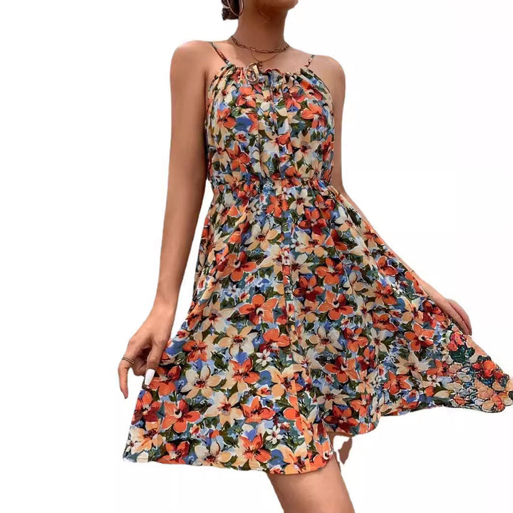Damen Blumenkleid mit verstellbaren Spaghettiträgern und elastischem Taillenbund Drune