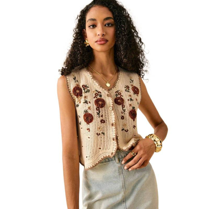 Damen Strickjacke mit floralen Stickereien und Knopfdetails Drune