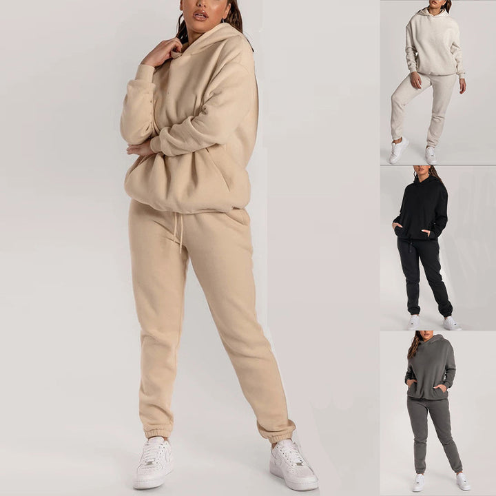 Damen Lässiger Hoodie-Trainingsanzug mit praktischen Taschen und elastischem Bund Drune