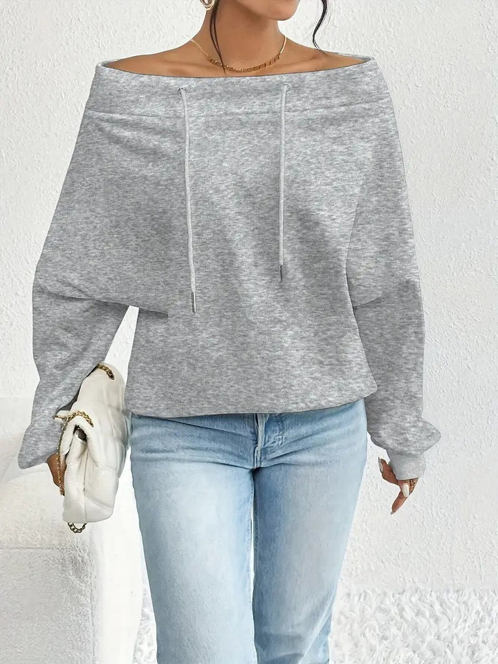 Damen lässiger Oversized-Pullover mit offenem Kragen und praktischen Kordelzügen Drune