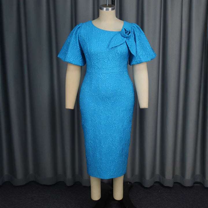 Damen elegantes Etuikleid mit fließenden Puffärmeln und Blumenapplikation Drune
