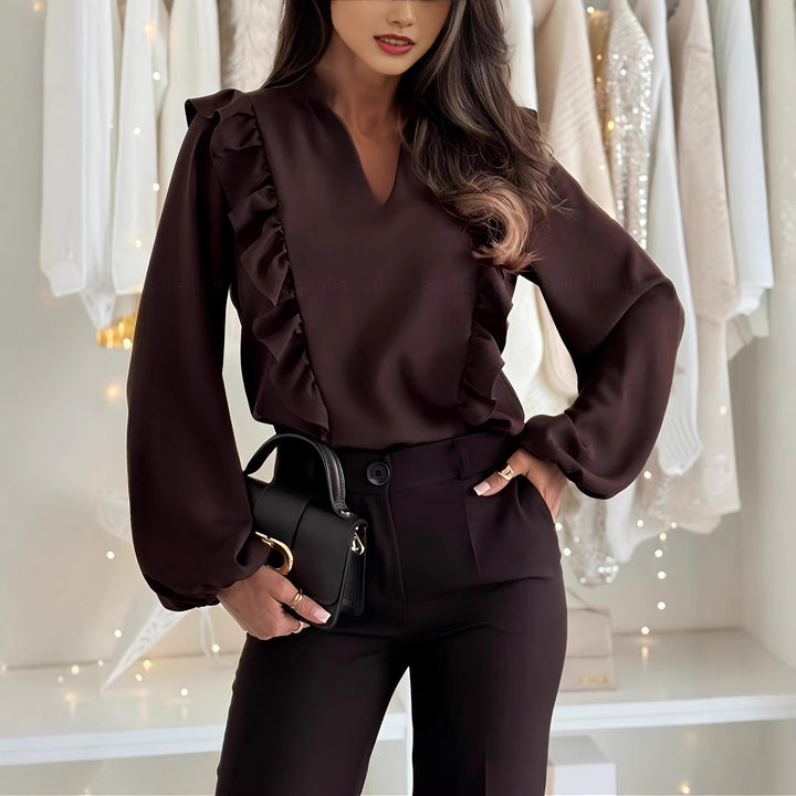 Damen elegant geschnittene Bluse mit Rüschendetails und V-Ausschnitt Drune