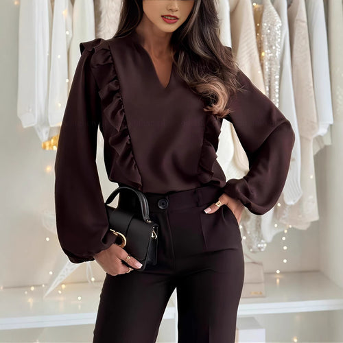 Damen elegant geschnittene Bluse mit Rüschendetails und V-Ausschnitt Drune