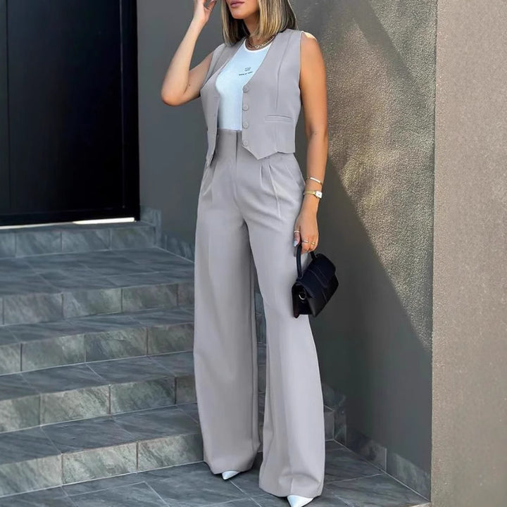 Damen Elegantes Hosenanzug-Set aus hochwertigem Stoff mit tailliertem Blazer und weitem Bein Drune