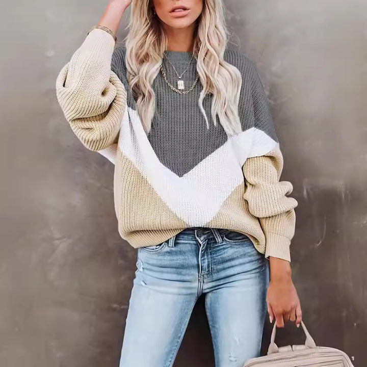 Damen Casual Blockstreifen Pullover mit voluminösen Ärmeln Drune