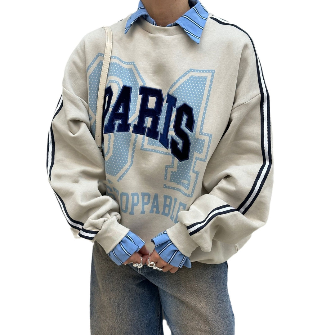 Damen Oversized Sweatshirt mit modischem Paris-Print und gestreiften Akzenten Drune
