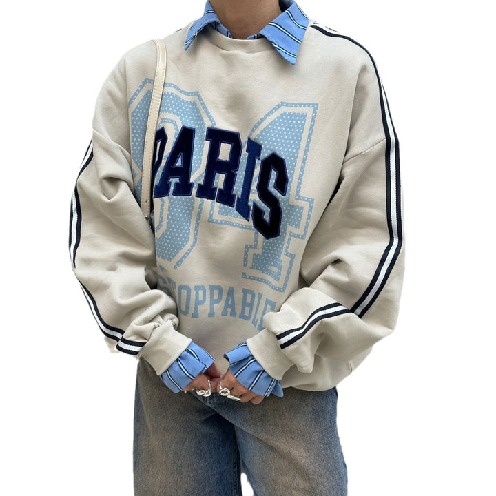 Damen Oversized Sweatshirt mit modischem Paris-Print und gestreiften Akzenten Drune